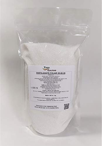 TODOCULTIVO abono foliar 25-08-20 con Magnesio y Boro. 1 Kilo. Estimula el Desarrollo y Vigor de la Planta favoreciendo la floración y cuajado evitando perdida de Fuerza por Exceso de Cosecha.