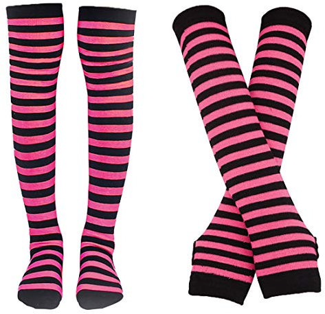 Bienvenu Damensocken, gestreift, kniehoch, Armwärmer, fingerlose Handschuhe, Fuchsia, Einheitsgröße