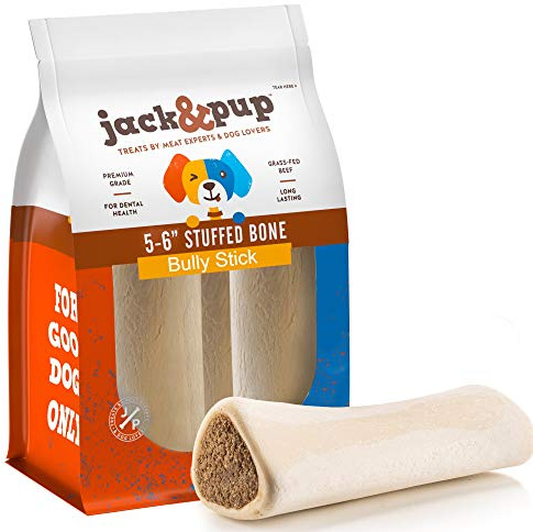 Jack&Pup 5-6 Filled Dog Bones for Large Dogs (3 Pack), Flavored Shin Dog Bones Long Lasting, Stuffed Bone for Dogs, High Protein, Bully Stick Flavor