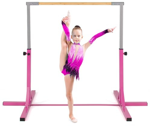 COSTWAY Sbarra per Ginnastica e Danza per Bambini e Bambine, Barra Ginnastica in Metallo e bambù Portatile e Regolabile in Altezza con Cuscinetti Antiscivolo, 195 x 121 x 85-145 cm