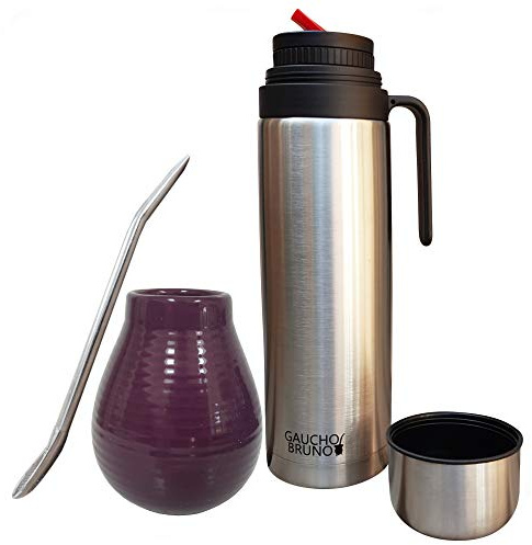 Gaucho Bruno Yerba Mate-Becher, Strohhalm, Flask im Set - Keramik-Kürbisflasche, Edelstahl-Bombilla & 1-L-Flasche mit rotem Ausgießer - Mehrweg-Trinkset für Heim- & Reisegetränke – Dunkelbraun - Lila