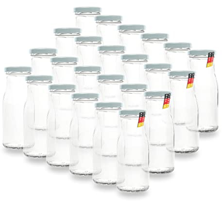 Lot de 24 petites bouteilles en verre blanc 150 ml TO43 de Flaschenbauer avec bouchon blanc – Pour remplir des bouteilles de lait, des jus ou comme vase décoratif avec étiquettes