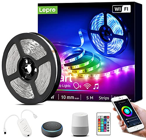 Lepro Smart LED-remsa 5 m musikstyrning, Wifi LED-remsa RGB dimbar, Wlan LED-band, superljust ljusband, självhäftande, färgväxlingsslinga med fjärrkontroll, kompatibel med Alexa, App, Google Home