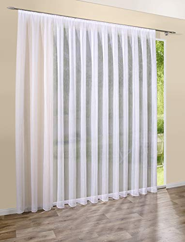 deco home | Gardinen Store Transparent Weiß mit Streifen Voile Vorhang mit Kräuselband | 600 x 240 cm