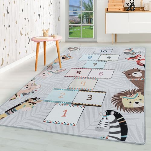 HomebyHome Kinderteppich Grau 140x200 cm Hüpfkästchen Design Modern rutschfest Waschbar Pflegeleicht Extra Weich Antiallergen Babyteppich Kinderzimmer Jungen Mädchen