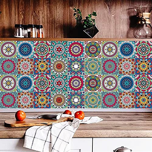 24pcs Colourful Moroccan Tile Stickers Mandala Kitchen Bathroom Wall Tile Stickers Peel and Stick on Tile Transfers Covers Decals Self Adhesive Vinyl Waterproof Pastel Mosaic (15cm x 15cm, 6x6 inches)