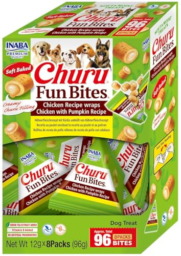 INABA Churu Fun Bites Snack per Cani, Bocconcini di Pollo e Zucca - 8 Pack x 12gr - Premietti per Cane Morbidi e Deliziosi - Cibo per Cani Senza Conservanti o Coloranti Artificiali, Grain-Free