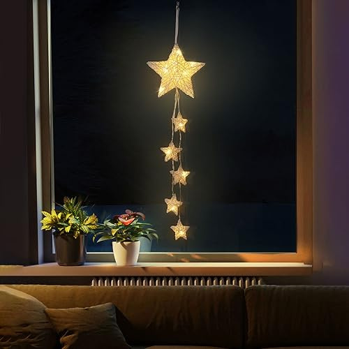 Lewondr Hängelampe, Rattan-Stern Lichterkette Innen Dekorative Lichter | Fensterlicht Batteriebetriebene Sternlichter Für Weihnachten Kinderzimmer Schlafzimmer Partydeko Mit Timer, Weiß