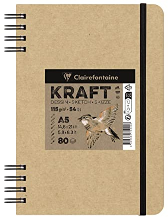 Clairefontaine 975940C - Skizzenbuch Kraft Natur mit Doppelspirale, 80 Blatt 115g, DIN A5 14,8x21cm, ideal für Multitechniken, 1 Skizzenbuch