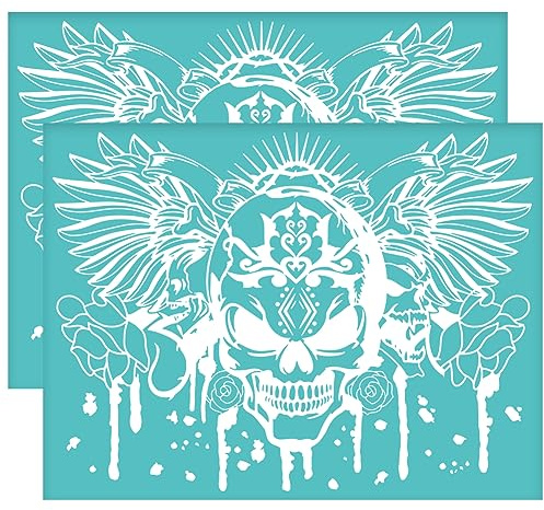 OLYCRAFT 2 Stück 28x22cm Wildes Skelett Selbstklebende Siebdruckschablone Totenkopf Mit Flügelblume Siebdruckschablone Scrawl Wiederverwendbare Netzschablonen Transfer Für DIY T-Shirt Stoffmalerei