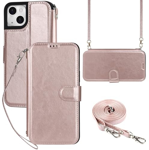 ELTEKER Custodia Cover per iPhone 13 Mini - Custodia a libro per iPhone 13 Mini Portafoglio - Cover con Cordino Tracolla - Custodia in Pelle per iPhone 13 Mini - Oro Rosa