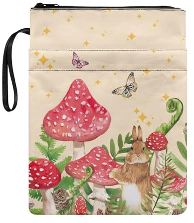 NETILGEN Pilz-Schmetterlings-Hasen-Buchhüllen für Hardcover Book Sox Buchhülle mit Reißverschluss und Tasche für Buchliebhaber, Lehrbücher, Taschenbuch, Schutzhülle für Frauen