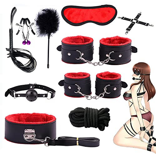 FOCICE Fesseln Sex Set BDSM Bondage 10 Stück Bondageset Fessel Extrem Sex BDSMS Spielzeug Hart SM Sexspielzeug Für Paare Handschellen Bondageseil Augenbinde Nippelklemmen Peitschen Mundknebel Halsband