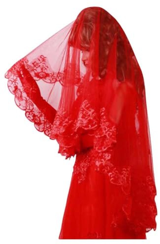 Klassische rote Braut Hochzeit Schleier, Braut Kopftuch Einfache Hochzeit Spitze Zubehör Kopfbedeckung für Frauen