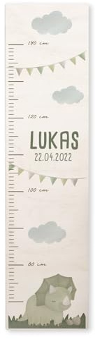 Personalisierte Messlatte für Kinder mit buntem Wunschdruck - 70-140 cm - Größenmesser Kinderzimmer aus Holz - Wand Dekoration Messleiste Kind - Personalisiertes Geschenk Baby (Grüner Dino)