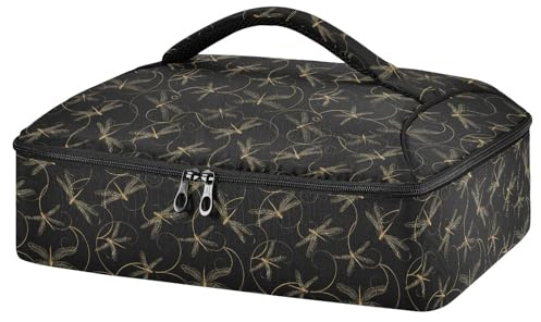Mnsruu Contenitore per casseruole con libellula dorata su sfondo nero, per cibi caldi o freddi, borsa termica per casseruole con coperchio, per viaggi, feste, picnic, Libellula dorata su sfondo nero,
