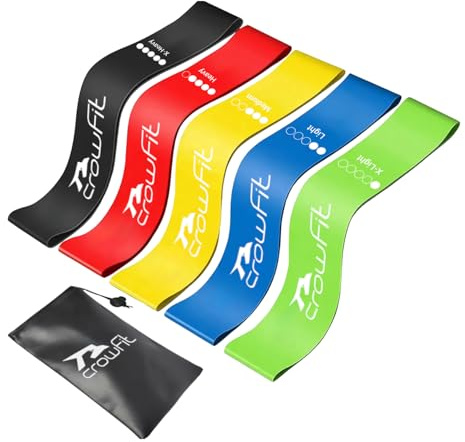 Crowfit Fitnessbänder 5er Set – 5 Latex-Widerstandsbänder (2-14 kg) für Home Gym, Krafttraining & Pilates – Fitnessband Set inkl. Tragetasche, Ideal für Muskelaufbau, Sport & Workout