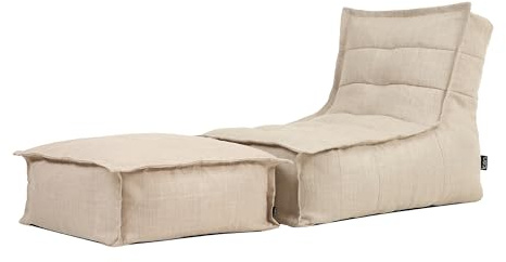 Icon Dolce Outdoor Sitzsack mit Hocker für Erwachsene, Beige, Sitzsack-Liege mit Füllung, Bean Bag, Wasserabweisender Stoff, Bequemer Sessel für Wohnzimmer, Lounge, Schlafzimmer, Garten
