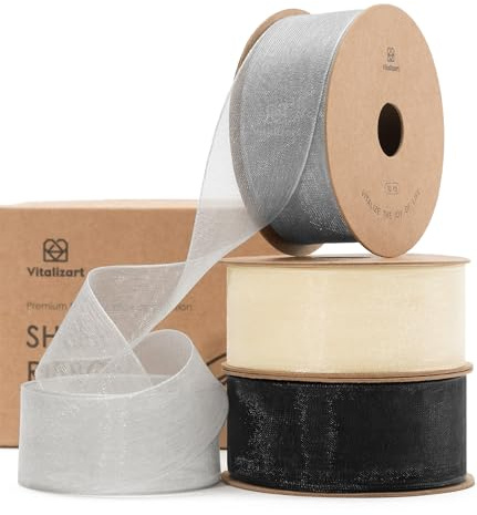 Vitalizart Organzaband Weiß & Schwarz & Grau 2,5cm x 27,4m für Basteln | 3 Rollen x 9,1 m, Breite Tüllbänder aus Stoff für Geschenkverpackung, Weihnachtsbaum, Dekoration, Hochzeitseinladungen