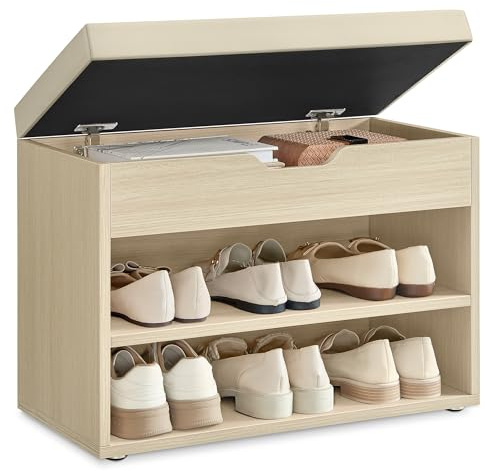 VASAGLE Custos Colección - Banco Zapatero, Mueble Zapatero con Asiento Tapizado, Banco Recibidor con 3 Compartimentos, 30 x 60 x 44 cm, Entrada, Beige Natural y Beige Capuchino LHS020K01V1