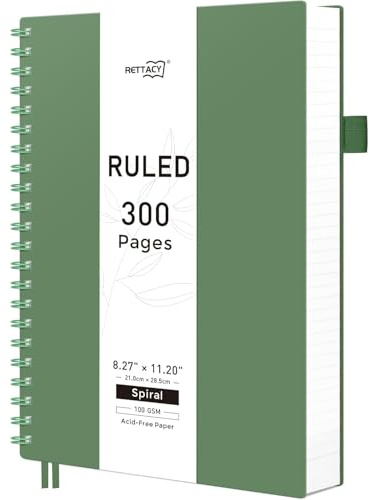 RETTACY Notizbuch A4 Liniert, 100g/m² Papier, 300 Seiten - Dunkelgrün | Journal im Tagebuch-Stil Softcover Spiralbindung mit Perforierung 180° aufschlagbar durchschlagfest & Gummiband – Büro&Alltag
