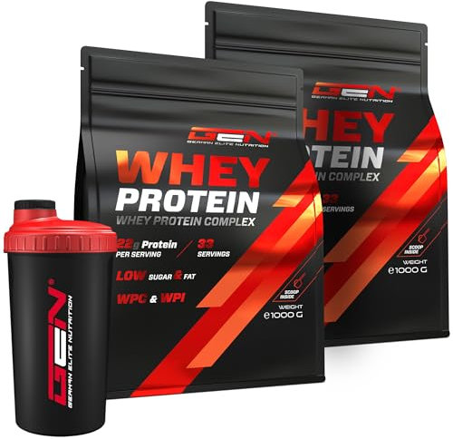 2 kg Whey Protein Komplex + Premium Shaker - Zum Kochen & Backen geeignet - Mit Isolate Anteil - Instant lösliches Eiweiss Protein Pulver mit BCAA & EAA - 2 x 1000 g (Neutral)