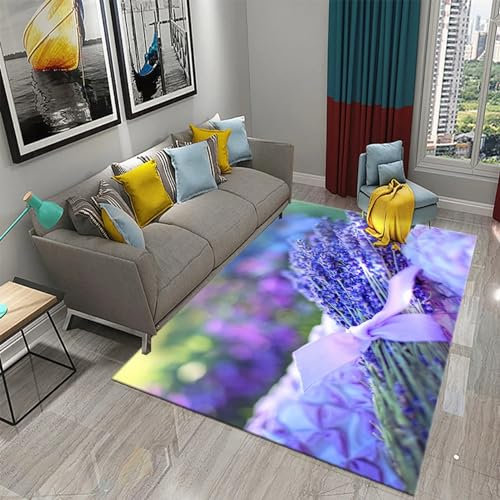 Kinderteppich, 3D-Druck, Lila Verträumtes Lavendelblütenmeer, Kinderspielteppich, Kinderzimmer, Weicher Und Dicker Flanell Wohnzimmer Schlafzimmer 140 X 200 cm ， Schmutzabweisend - Leicht Zu -2K7L9Z6