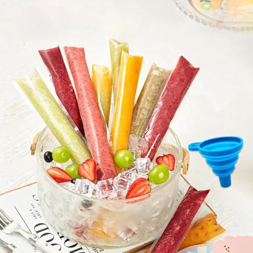SJUNJIE 300 Stück Wassereis Tüten Wassereistüten mit Trichter | Wassereisbeutel Popsicle Taschen 5.5x28cm für Selbstgemachtes Eis Joghurtriegel Fruchtsmoothies und Säfte