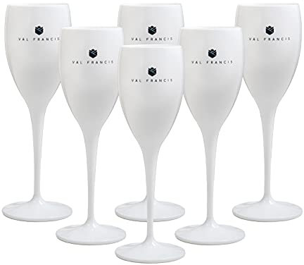Val Francis Premium Plastic Champagne Prosecco or Wine Flutes - Set of 6 - Reusable, Unbreakable, Dishwasher Safe (White Flute | Blue Logo)