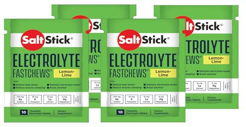 SaltStick FastChews Tüten Vorteilspaket, 4 x 10 Elektrolyt Kautabletten, Salz Tabletten für Sportler, Triathlon- und Marathon Läufer (4, Lemon Lime)