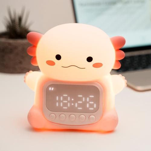 IHALO Cute Axolotl Wecker mit Nachtlicht für Kinder, Wecker für Mädchen Nachttisch, Ok to Wake Rosa Silikon Nachtlicht Kinder, Wiederaufladbar, Zwei Weckers, Datum, Dekoration für Babyzimmer