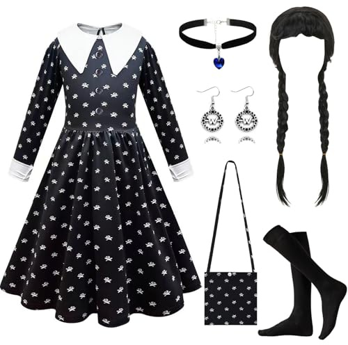 PWOKAO Costume da mercoledì per bambini, 6 pezzi, vestito gotico, nero, con parrucca, borsa e calze, set di costumi da wednesday, costume da carnevale per ragazze, costume da carnevale, cosplay e