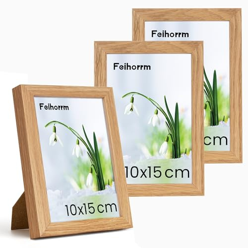 Feihorrm Bilderrahmen, 10x15 cm Fotorahmen aus Eiche, Mit gehärtetem Glas, Fotorahmen aus Massivholz, Geeignet für Wand- und Tischdisplays (Beige, 10x15 cm/ 3x)