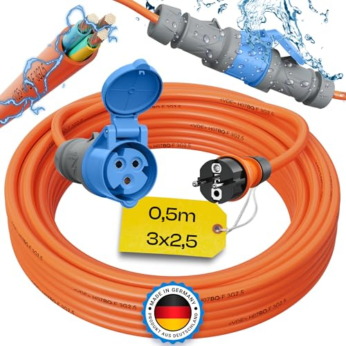maxgo Camping Adapter Schuko auf CEE – 230V 16A 3x2,5 H07BQ-F Kabel 0,5m | Robustes H07BQ-F Adapterkabel Made in Germany für Camping, Wohnmobil, Wohnwagen und Boot mit CEE Stecker und Schuko Kupplung