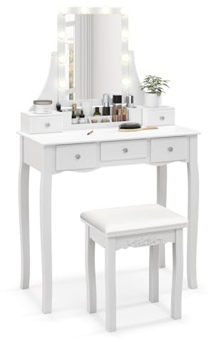 HOMASIS Toeletta da Trucco con Specchio e Luci Regolabili a 3 Colori, Tavolo da Trucco con Sgabello Imbottito, Gambe in Legno Massiccio, Postazione Trucco con 5 Cassetti per Camera da Letto, Bianco