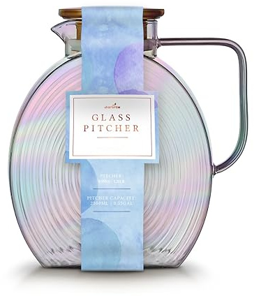 Charbrew 2.5L Borosilicate Iridescent Glass Pitcher with Lid - Ribbed Jug for Water, Juice, Iced Tea, Cold Brew & Cocktails - Fridge Door Friendly Carafe with Handle (Serves 10 Cups)