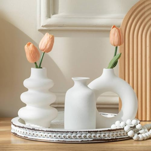 [AiiBowy] Vase Céramique Blanc - Set de 3, Mat, Design Moderne, Bohème Vases pour Décoration Vase De Table Moderne pour Maison,Fête,Table,Centre De Table De Mariage - Blanc 3 Set