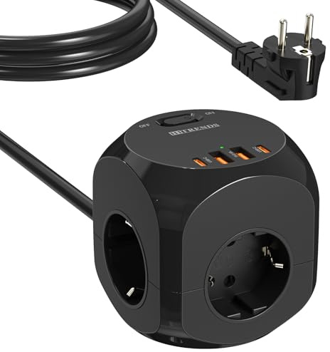 HITRENDS 4 Fach Steckdosenwürfel Mehrfachsteckdosen, Steckerleiste mit 4 USB, 2 USB & 2 Typ-C, 8 in 1 Cube Steckdose Mehrfachstecker mit 2M Kabel für Büro, zu Hause Schwarz