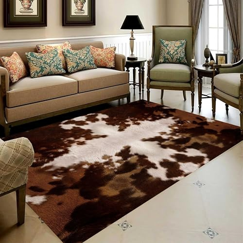 Kuluoits Animal Print Area Rug 120x180cm Western Brown White Cowhide Printed Carpet Non-Slip Easy to Clean Washable Carpet Mat Low Pile Soft for Living Dining Dorm Room Bedroom Home Decorative