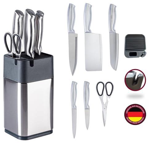 Heimwerk Germany Messerblock mit Messer 7-teiliges Set aus rostfreiem Edelstahl inkl. Schärfer – ergonomisches Küchenmesser Set | Kochmesser, Tranchiermesser, Hackmesser, Universalmesser & Schere