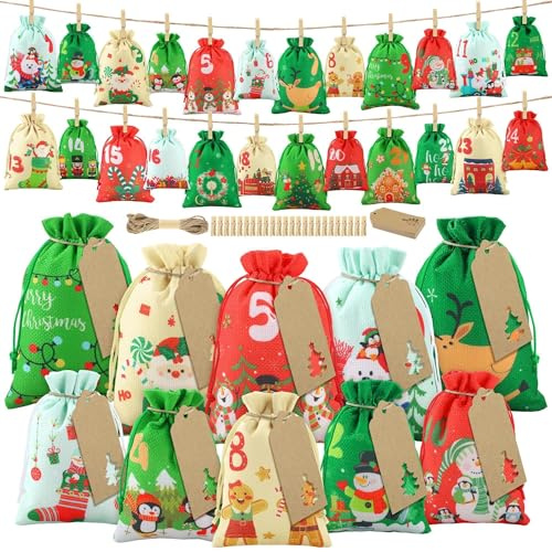 Adventskalender-Geschenktüten, 24 Stück wiederverwendbare Stoff-DIY-Adventskalender-Säckchen mit Kordelzug zum Selbstbefüllen für Weihnachtsbaum, Tür- und Fensterdekoration, Partydekoration