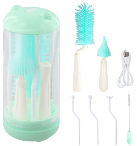 Goupillons pour Biberons Kit,Brosses Biberon en Silicone avec Stérilisateur UV,Biberon Ensemble avec Goupillon Brosse à Paille Égouttoir,Brosse pour Nettoyer Tétines,Vert