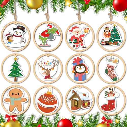 12PCS Christbaumschmuck aus Holz Runde, Ø10 cm Holzanhänger mit Trageband - Weihnachtsanhänger für Baum, Geschenk, Türkranz, 12 Motiven Weihnachten Basteln(Grinch, Santa)