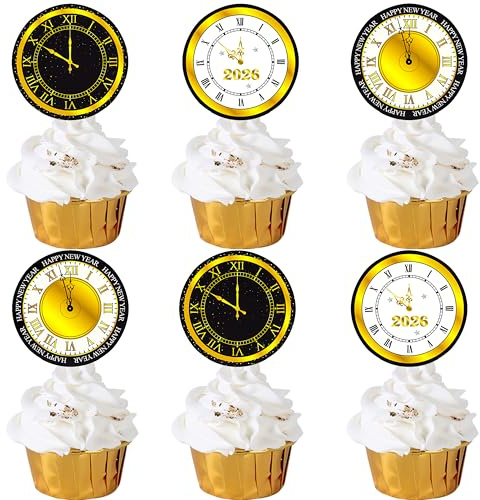 Midnight Clock Cupcake Picks Happy New Year Cupcake Toppers Hello 2026 Cake Decorations for 2026 Happy New Year Eve Party Supplies