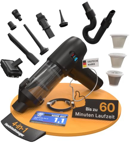 lautux Turbotastic Pro 2 Handstaubsauger – 120W, 18.000Pa, bis 60 Min Laufzeit, HEPA-Filter, LED-Display, 4-in-1 Düsen (Auto, Tierhaare, Polster, Aufpumpen, Vakuumieren) (Nachtschwarz, Premium Set)