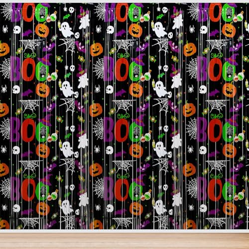Bekeify 3 Piezas 1 x 2 m Cortinas Decoración de Halloween Fiesta Boo Calabaza Fantasma Cortina de Oropel Decoracion Halloween Interior Casa para Puertas Ventana Muro Fondo Fotos