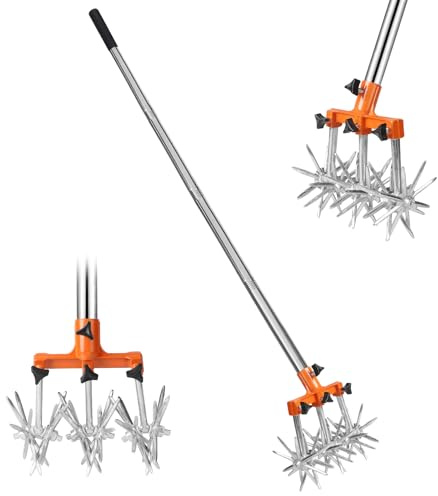 DBREAKS Kreiselgrubber Verstellbarer Hand-Rotary Grubber Kultivator aus Edelstahl, Gartenkralle Gartenfräse mit Abnehmbaren Metallzinken, Kreiselgrubber zum Bodenmischen und Rasenlockerung