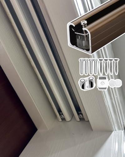 Riel Puerta Corredera Kit de Herrajes para Rieles de Puerta Corrediza de Granero de Montaje Superior (60 180 240 300 370 900 cm), Riel Resistente para Puerta Corrediza Empotrada(Champagne,10ft/3.0m)