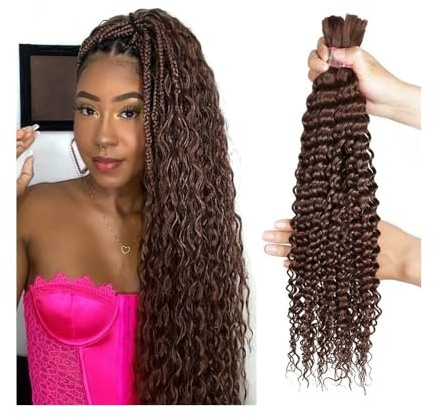 Sans nœuds Cheveux humains tressés brun chocolat for tresses bohèmes #4 Deep Wave, cheveux brésiliens Remy en vrac sans trame(26inches)