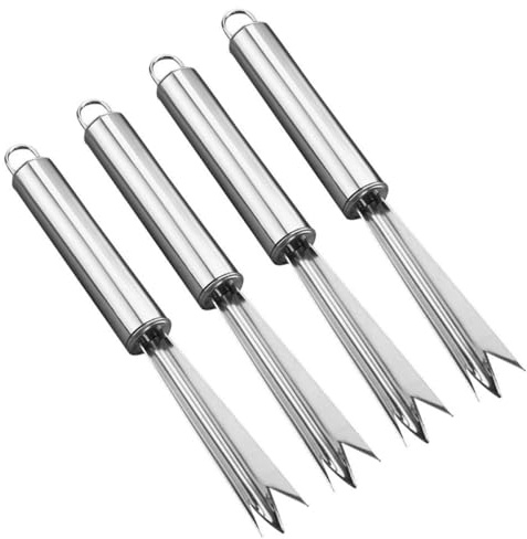 SHINEOFI 4 Piezas Pelador de Piña de Acero Inoxidable Tenedor y Removedor de Ojos, Cortador en V para Pelar y Cortar Piñas en Cocina y Camping, Herramienta Multifunción para Frutas